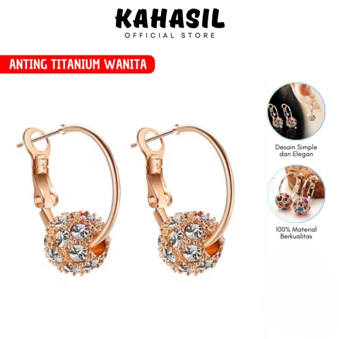 KAHASIL - Anting Tusuk Titanium Wanita Anti Karat dan Luntur Bola Kristal Stud Hoop Earrings KH086